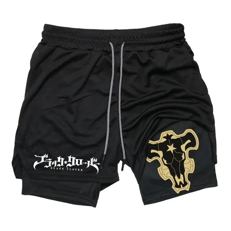 Black Five-Leaf Clover Double-Layer Sports Shorts with Pockets