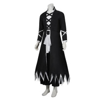 Kurosaki Ichigo Cosplay Costume complete display featuring overcoat, inner vest, pants, and white waist belt.