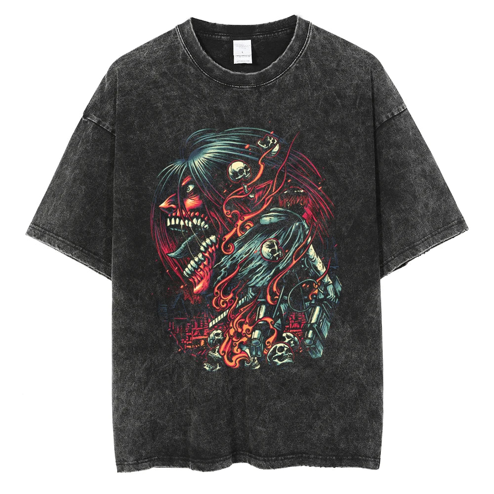 A vintage-washed Eren Jaeger T-Shirt featuring a gritty Attack on Titan manga graphic, styled as oversized Harajuku streetwear for men and women.