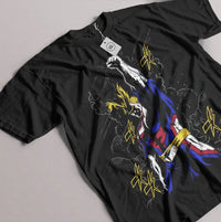 A premium All Might T-shirt featuring a dynamic armor strip graphic of All Might and Hawks, styled as an anime gift for My Hero Academia fans.