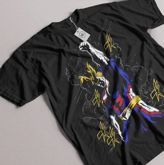 A premium All Might T-shirt featuring a dynamic armor strip graphic of All Might and Hawks, styled as an anime gift for My Hero Academia fans.