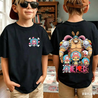 One Piece Zoro Luffy Men's T-Shirt Harajuku Family Matching front view flat lay white background anime character print