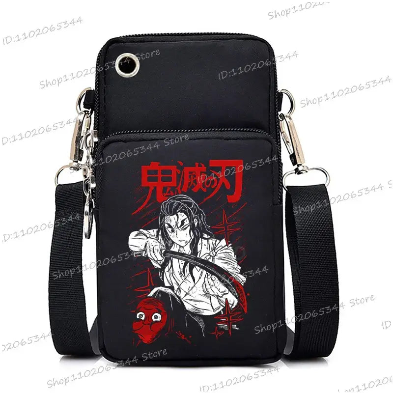 A trendy Demon Slayer Phone Bag featuring anime art of Nezuko Kamado and Mitsuri Kanroji, designed as a Harajuku mini crossbody purse for women and men.