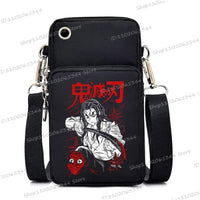 A trendy Demon Slayer Phone Bag featuring anime art of Nezuko Kamado and Mitsuri Kanroji, designed as a Harajuku mini crossbody purse for women and men.