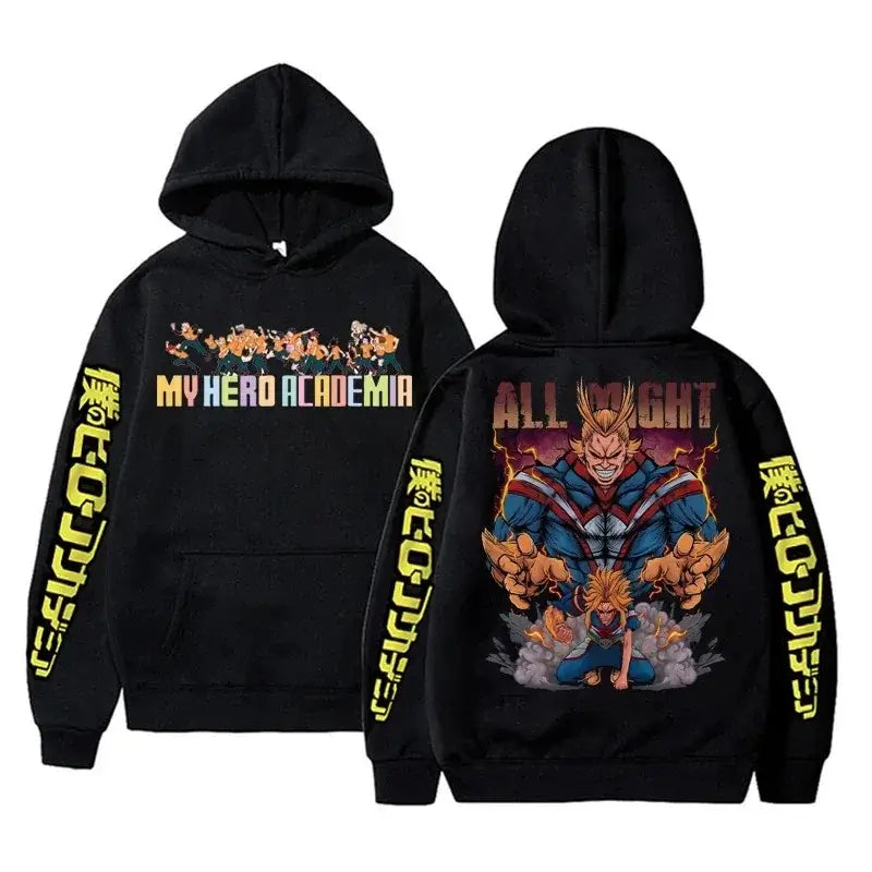 An oversized Midoriya Izuku Hoodie featuring a black and white manga graphic print, styled as unisex Harajuku streetwear for men and women.