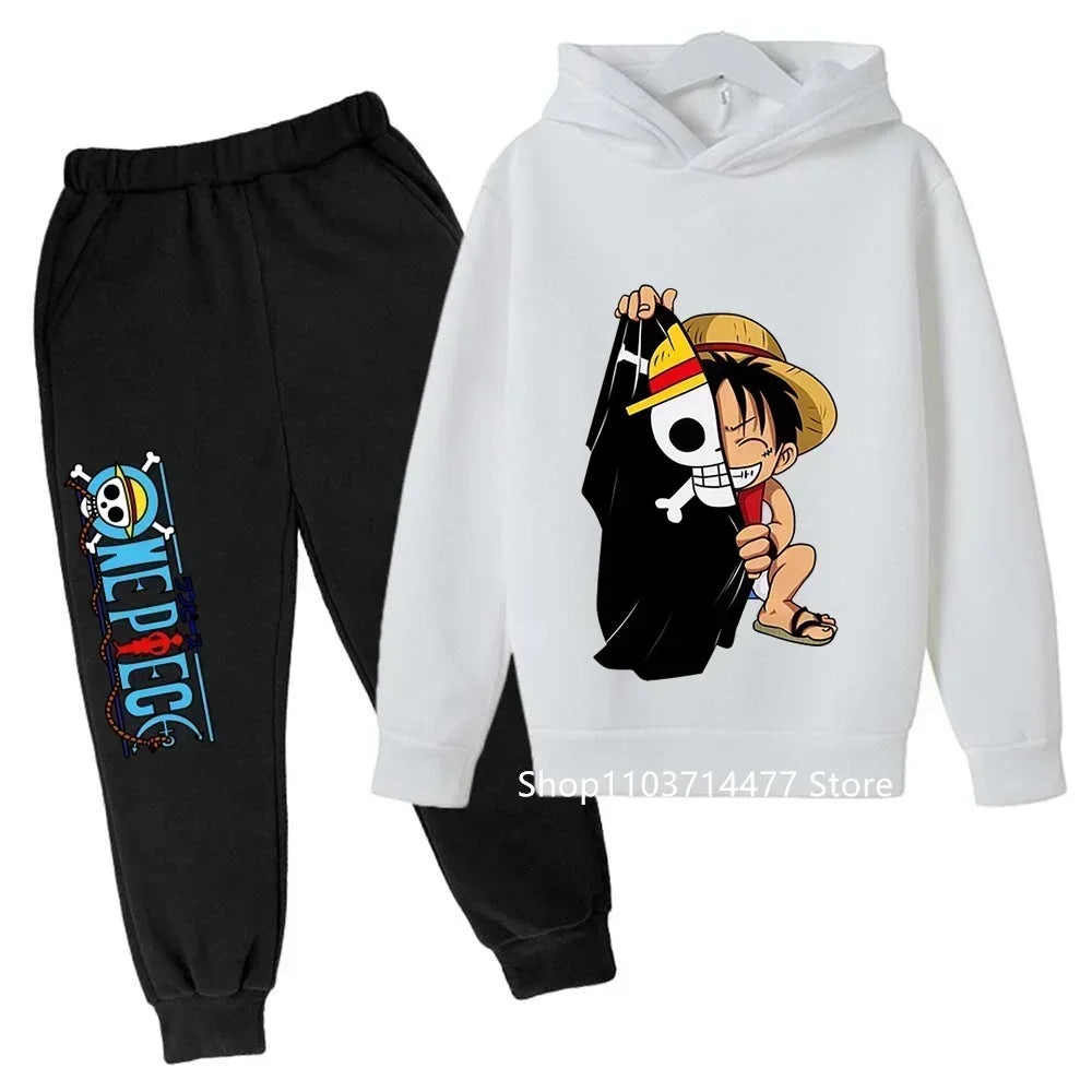 A comfortable One Piece Hoodie Set for kids featuring Monkey D. Luffy anime graphics, including a hoodie and pants 2-piece sports suit.