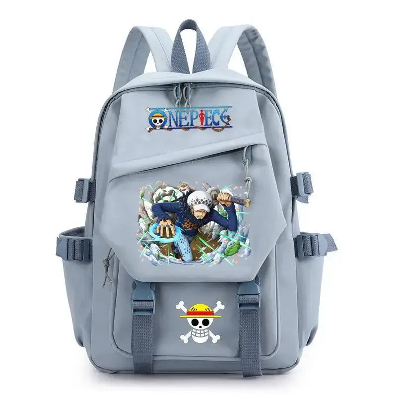 A lightweight canvas One Piece Backpack featuring kawaii anime characters, suitable for school, travel, and carrying a laptop computer.