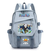 A lightweight canvas One Piece Backpack featuring kawaii anime characters, suitable for school, travel, and carrying a laptop computer.