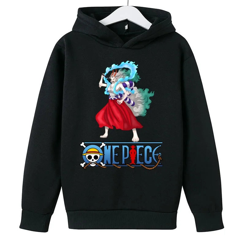 A trendy One Piece Kids Hoodie featuring cartoon graphic prints of Luffy and Zoro, designed as a casual spring and autumn pullover for children.