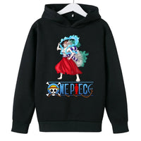 A trendy One Piece Kids Hoodie featuring cartoon graphic prints of Luffy and Zoro, designed as a casual spring and autumn pullover for children.