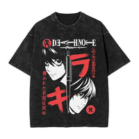 L Lawliet T-Shirt Death Note vintage washed cotton graphic tee with oversized fit O-neck collar and drop-shoulder short sleeves front view