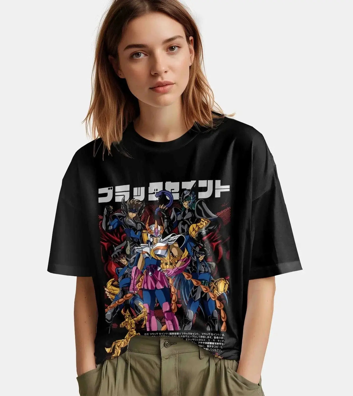A comfortable, loose cotton Saint Seiya Shiryu T-shirt featuring a dynamic anime pattern of the Dragon Saint, designed for men and women's summer fashion.