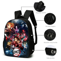 A pink Demon Slayer Backpack 3-piece set featuring Kamado Nezuko anime art, including a schoolbag, shoulder bag, and pencil case for students.