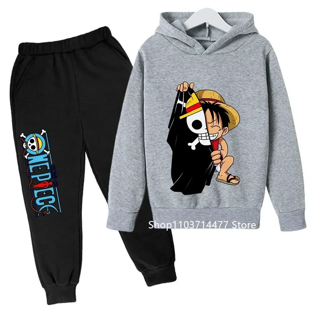 A comfortable One Piece Hoodie Set for kids featuring Monkey D. Luffy anime graphics, including a hoodie and pants 2-piece sports suit.