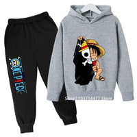 A comfortable One Piece Hoodie Set for kids featuring Monkey D. Luffy anime graphics, including a hoodie and pants 2-piece sports suit.