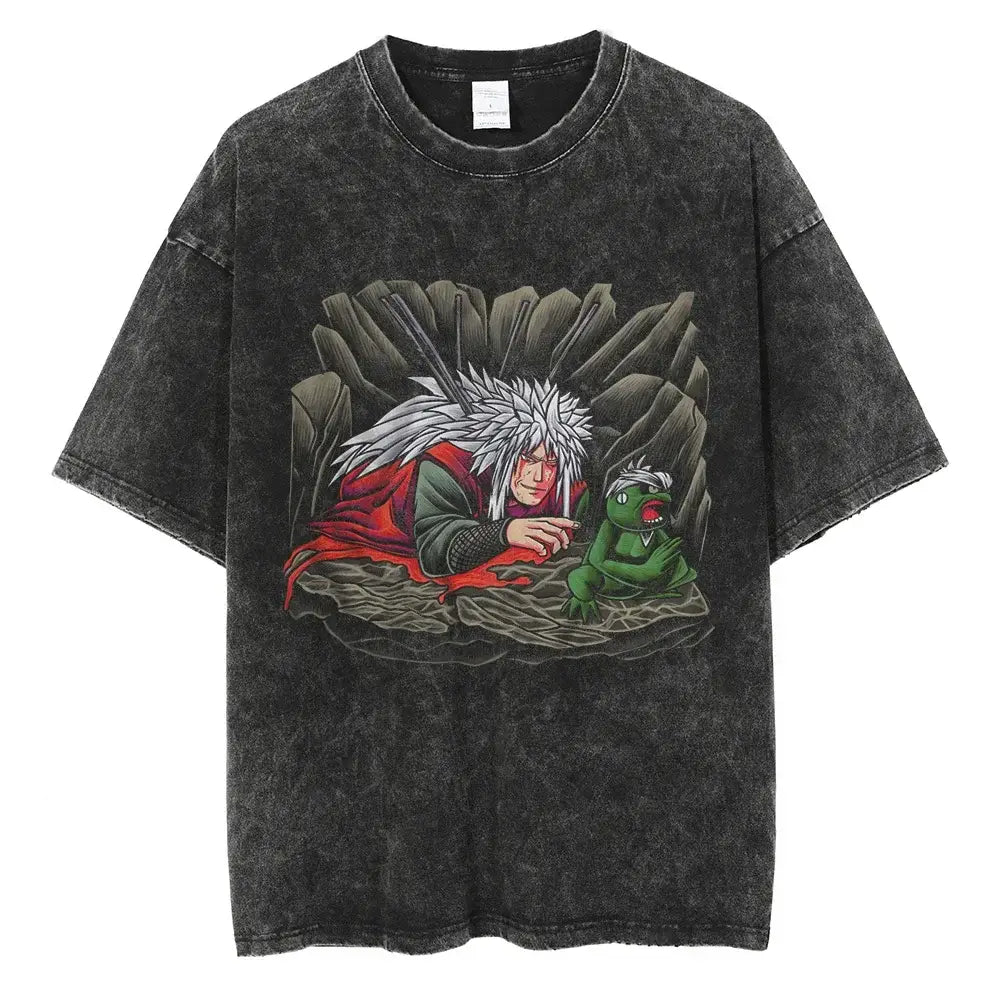 A man wearing the vintage black Japanese Anime Naruto Print T Shirt in a Harajuku hip hop streetwear style.