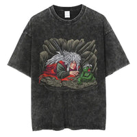 A man wearing the vintage black Japanese Anime Naruto Print T Shirt in a Harajuku hip hop streetwear style.