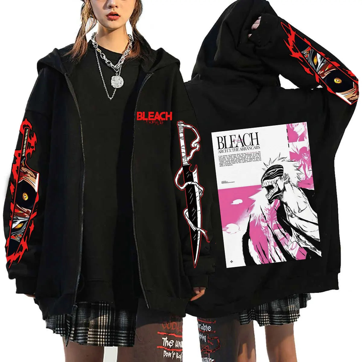 A unisex Bleach Zip Up Hoodie featuring 3D cosplay prints of Kurosaki Ichigo, Kyoraku Shunsui, and Hitsugaya Toshiro for anime fans.