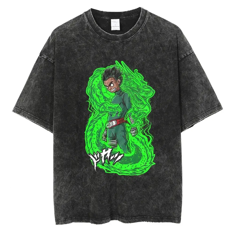 A man wearing the vintage black Japanese Anime Naruto Print T Shirt in a Harajuku hip hop streetwear style.