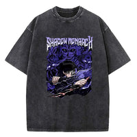 A vintage-style Solo Leveling Vintage T-shirt made of washed black cotton featuring a Sung Jinwoo graphic print, designed as Harajuku streetwear.