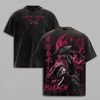 Shunsui Kyoraku Bleach Vintage Washed Oversized T-Shirt featuring unique manga art and stylish design in black.