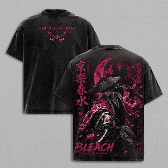 Shunsui Kyoraku Bleach Vintage Washed Oversized T-Shirt featuring unique manga art and stylish design in black.