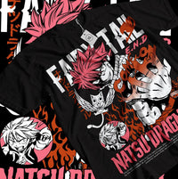 A premium Fairy Tail T-shirt featuring a dynamic graphic of Natsu Dragneel and Gray Fullbuster, designed as a girl anime gift for all sizes.