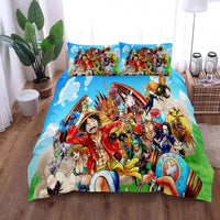 A vibrant One Piece Bedding Set featuring Monkey D. Luffy anime art on a duvet cover and pillowcase, designed for children's bedroom decor.