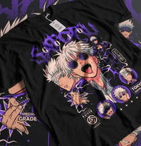 A trendy oversized Gojo Satoru T-Shirt featuring a funny horror graphic of Mahito from Jujutsu Kaisen, designed as anime streetwear.