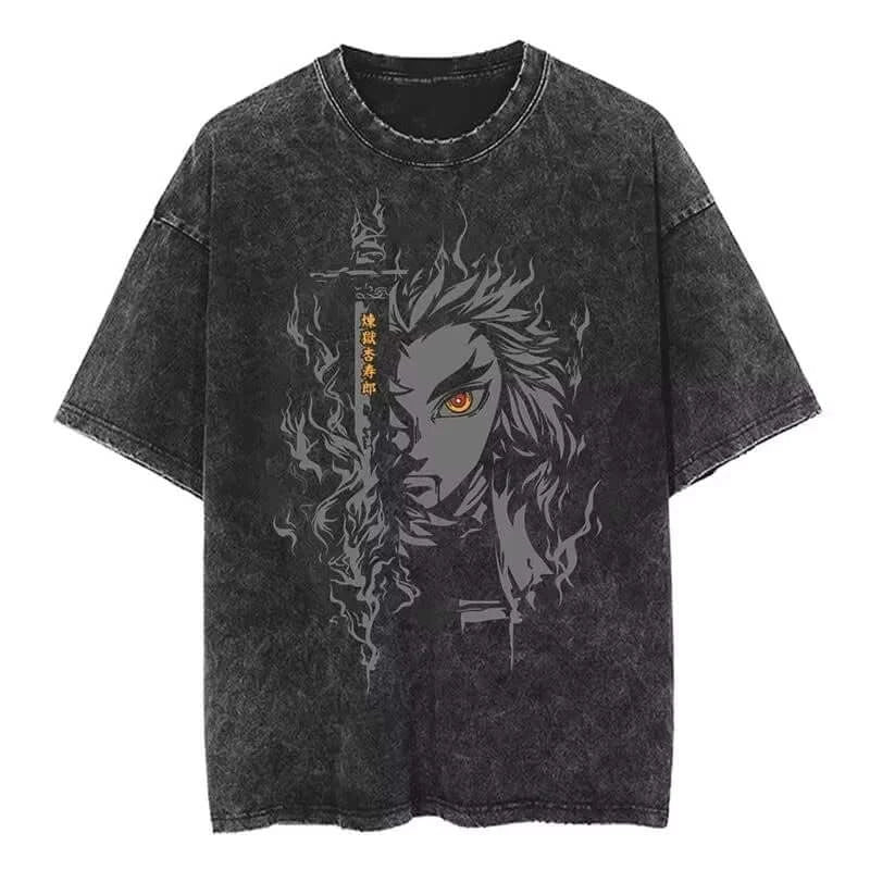 A unisex Rengoku Kyoujurou Vintage Washed T-Shirt from Demon Slayer in a Harajuku hip hop streetwear style.
