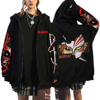 A unisex Bleach Zip Up Hoodie featuring 3D cosplay prints of Kurosaki Ichigo, Kyoraku Shunsui, and Hitsugaya Toshiro for anime fans.
