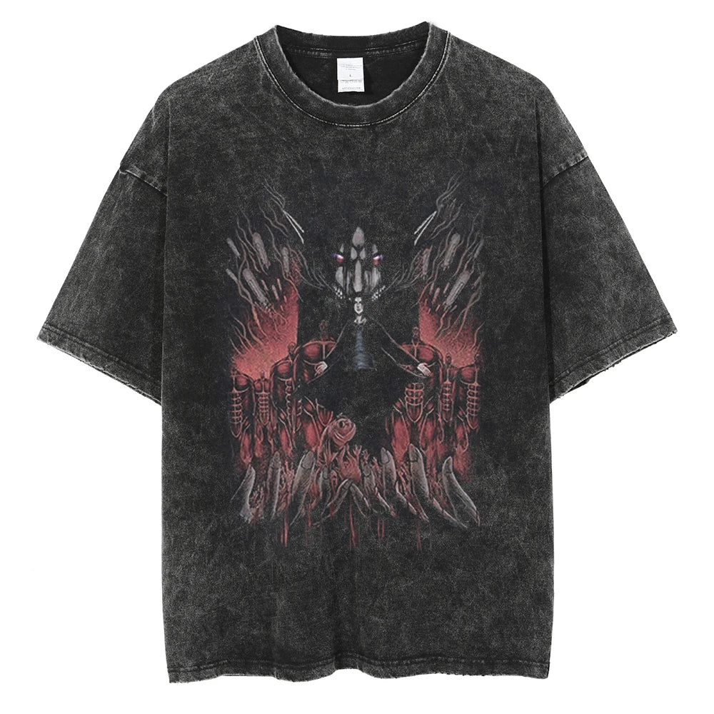 A vintage-washed Eren Jaeger T-Shirt featuring a gritty Attack on Titan manga graphic, styled as oversized Harajuku streetwear for men and women.