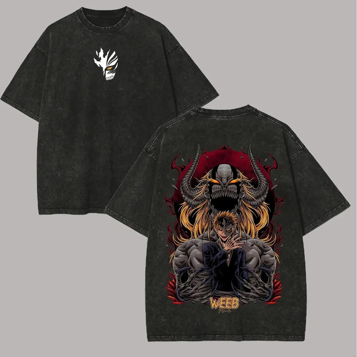 Ichigo Kurosaki Ink Sketch Kanji Double-Sided T-Shirt featuring vintage wash and oversized style.