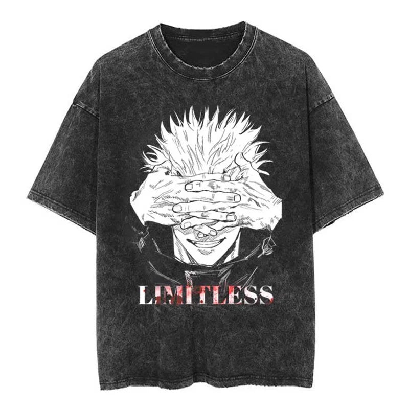 Yuji and Sukuna Split Face T-Shirt featuring a character with white spiky hair and a black mask in a stylish design.