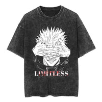 Yuji and Sukuna Split Face T-Shirt featuring a character with white spiky hair and a black mask in a stylish design.