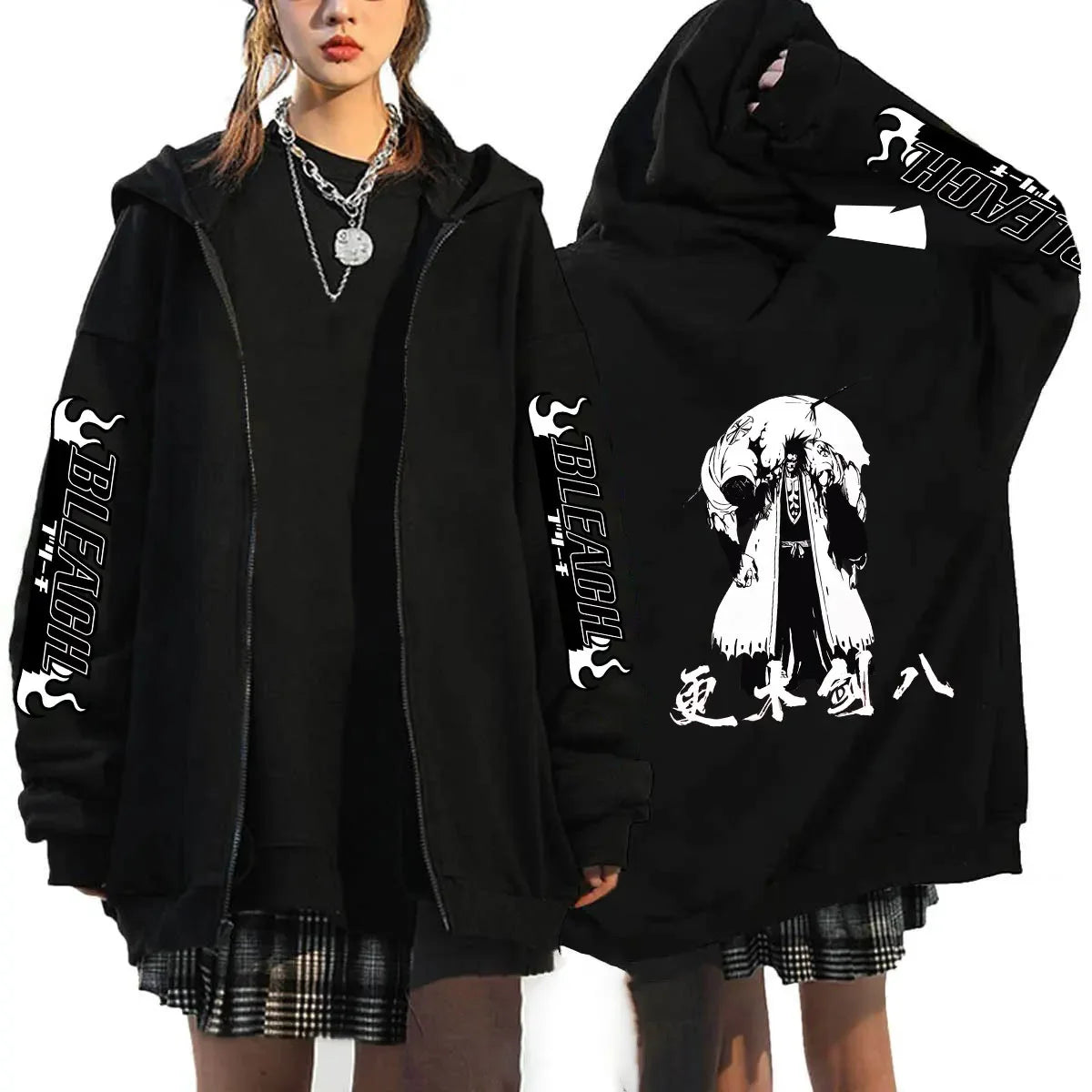 A casual loose Bleach Ichigo Zip Up Hoodie featuring a Kurosaki Ichigo anime print, designed as a unisex Harajuku zipper jacket for men and women.