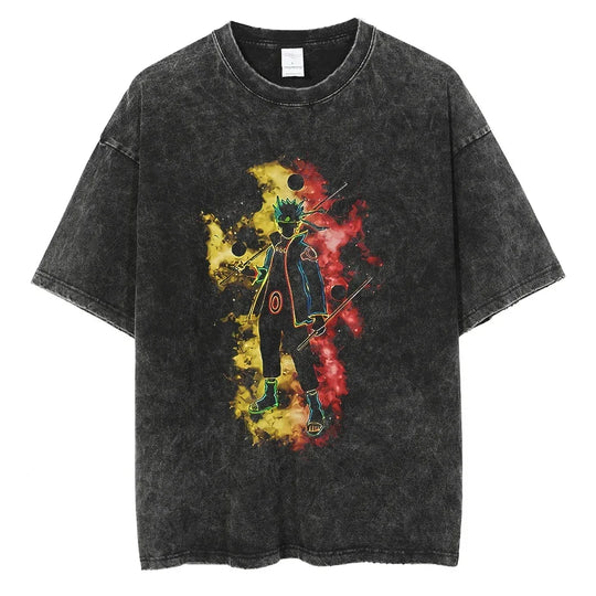 Men's vintage Naruto Rock Lee Streetwear T Shirt in a washed black style, featuring an anime graphic of the taijutsu master.