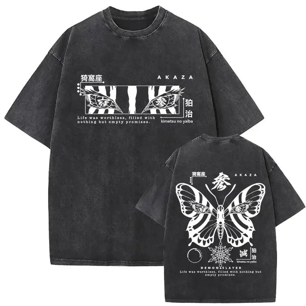 A vintage-style washed Akaza Koyuki T-shirt featuring a romantic manga graphic of Hakuji and Koyuki, oversized cotton streetwear.