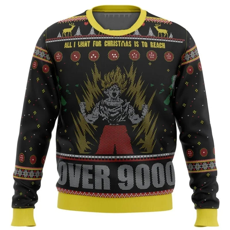 A vibrant Dragon Ball 3D Sweatshirt featuring Goku Super Saiyan art, styled as a Christmas jersey for men and children.