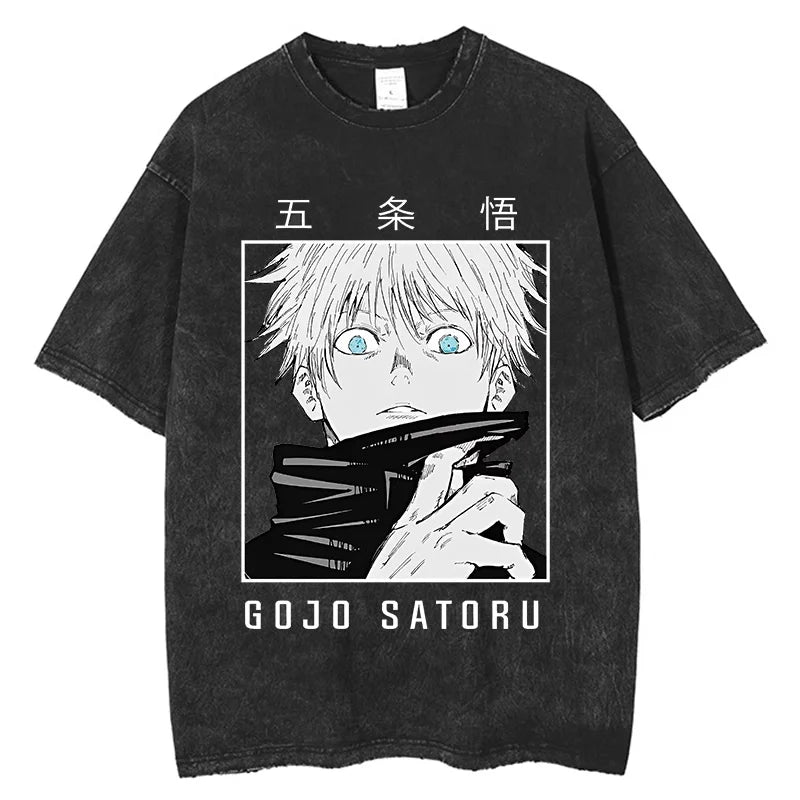 Gojo Satoru graphic t-shirt featuring striking artwork on a dark background.