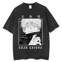 Gojo Satoru graphic t-shirt featuring striking artwork on a dark background.