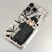 A transparent soft TPU Dandadan Phone Case featuring cute anime art of Okarun and Momo Ayase, compatible with Apple iPhone 16e, 15, and 14 Pro Max.