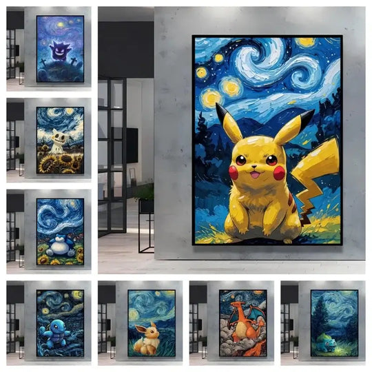 Van Gogh Pokemon Wall Art featuring Pikachu and friends in a starry night style for unique home decor.