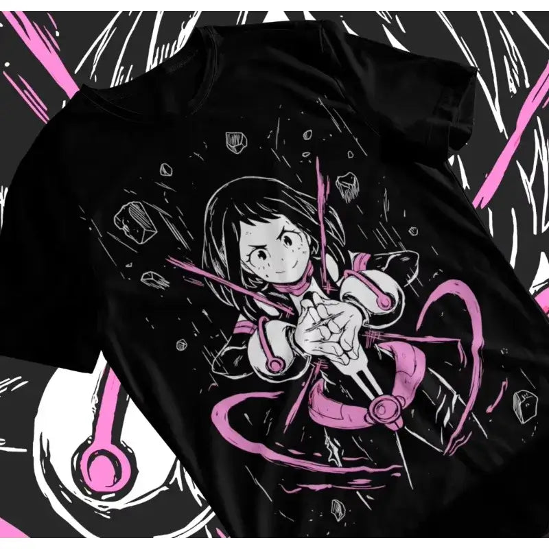 A trendy unisex Ochaco Uraraka T-Shirt featuring cute Uravity anime graphic art, designed as soft cotton 2025 four seasons cosplay fashion.