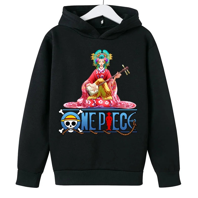 A trendy One Piece Kids Hoodie featuring cartoon graphic prints of Luffy and Zoro, designed as a casual spring and autumn pullover for children.