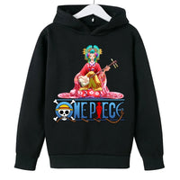 A trendy One Piece Kids Hoodie featuring cartoon graphic prints of Luffy and Zoro, designed as a casual spring and autumn pullover for children.
