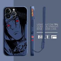 A premium Kakashi Itachi Phone Case featuring square liquid silicone design and anime art for Apple iPhone 15, 14, and 13 Pro Max.