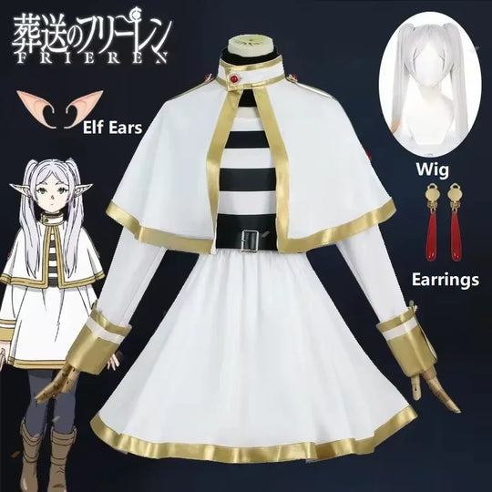 Frieren Cosplay Costume Set featuring dress, wig, elf ears, and earrings for anime enthusiasts.