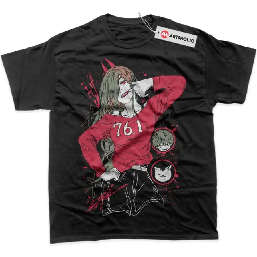 An oversized Chainsaw Man T-Shirt made of soft cotton, featuring a graphic print of Power and Makima for men's and women's streetwear.