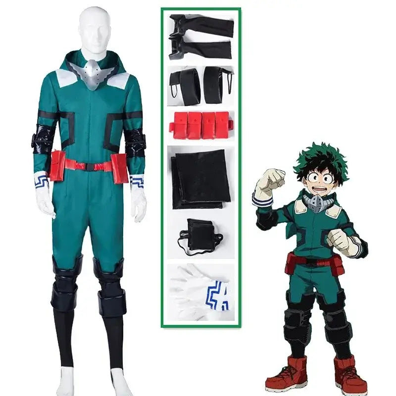 A complete unisex Anime My Hero Academia Midoriya Izuku Deku Battle Cosplay Costume set, with the green Halloween wig hair.